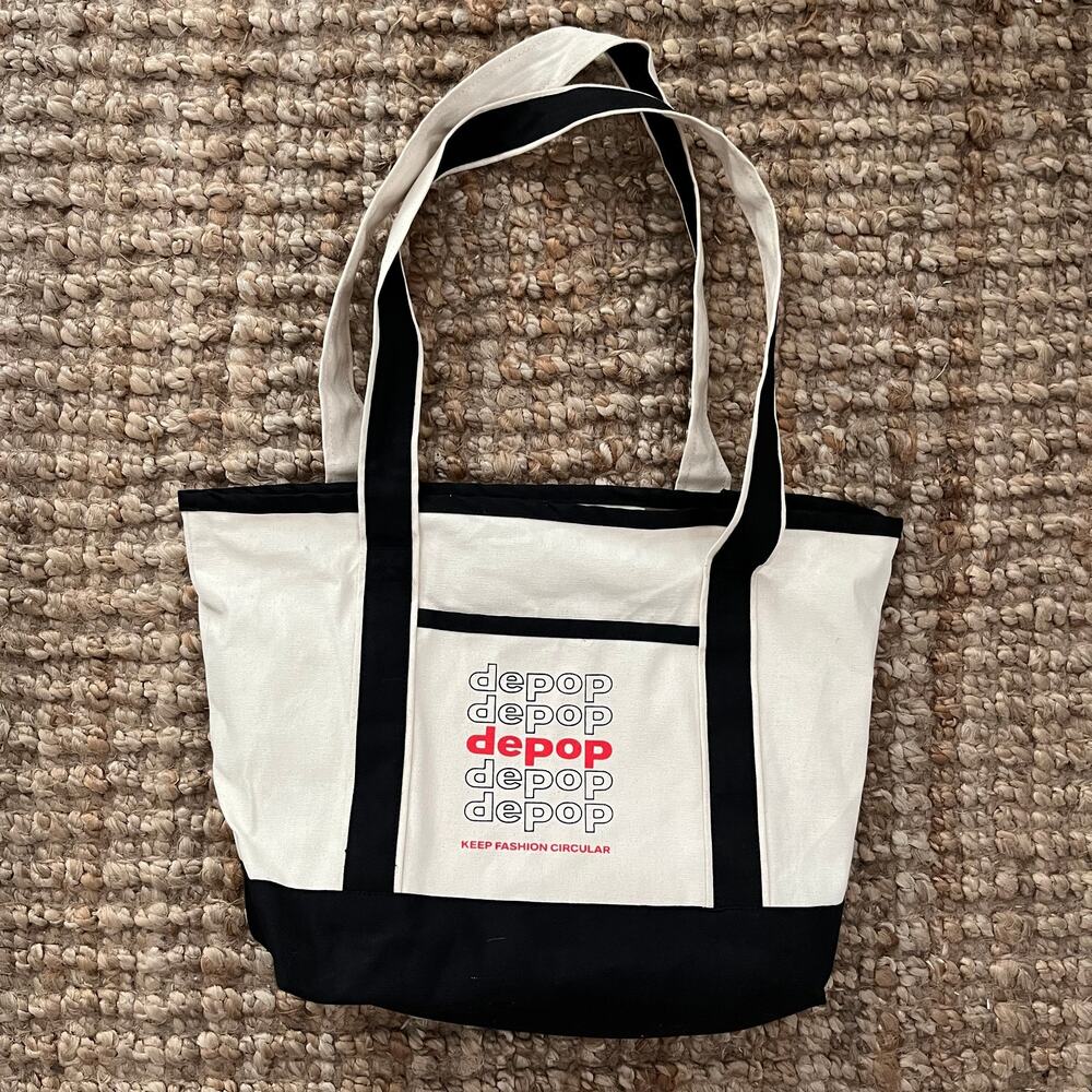 Depop Canvas Tote Bag Cream Black 100% Cotton Shoulder Bag NWT Zip Pocket